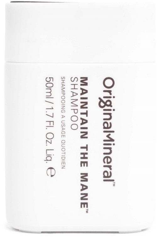 En hvid flaske shampoo med sort tekst, mærket 'Original Natural' og 'Maintain the Mane.' Den indeholder 50 ml eller 1,7 fl oz.