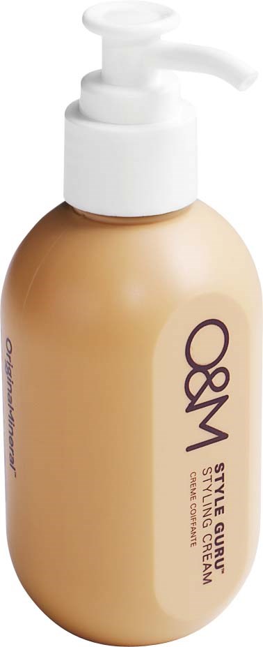 En flaske med pumpe indeholder OOW Style Guru Styling Cream, lys beige farve, hvid pumpe og tekst på etiketten.