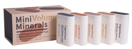 En boks mærket 'Mini Volume Minerals' med fem små flasker med hårfarve eller behandling.