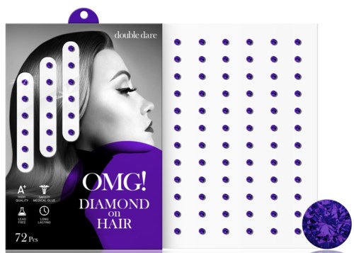 Ett hårförlängningsprodukt med 72 lila rhinestones och en svartvit kvinnoprofil på förpackningen.