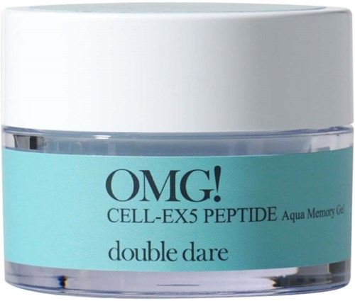 En burk med hudvårdsprodukt märkt "OMG! Cell-Ex5 Peptide Aqua Memory Gel" från Double Dare.