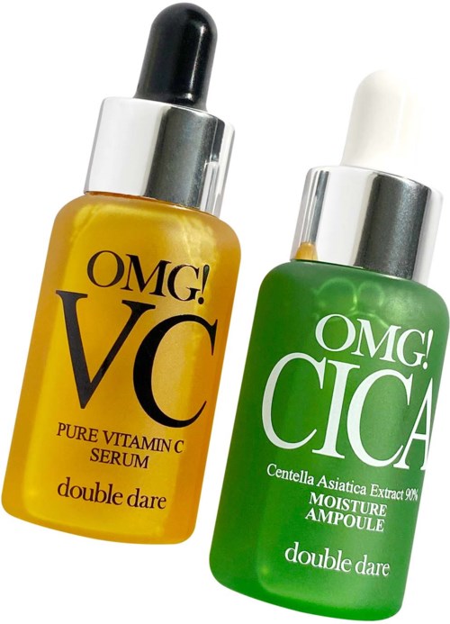Two small bottles of skincare serum or moisturizer, one yellow and one green, with dropper caps.