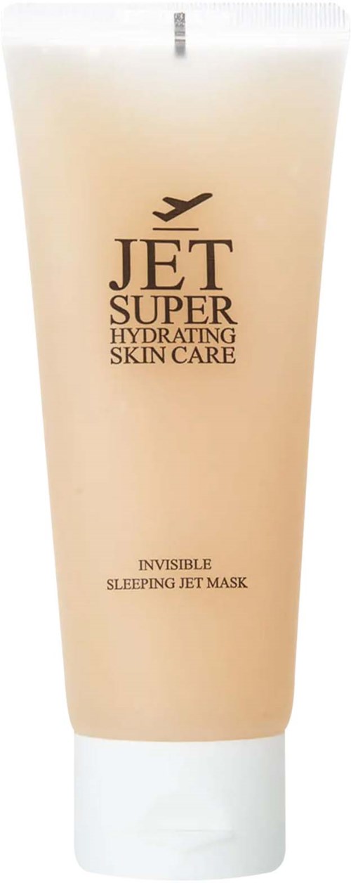 Ein beiger Tube Jet Super Hydrating Skin Care, mit der Beschriftung 'Invisible Sleeping Jet Mask.'