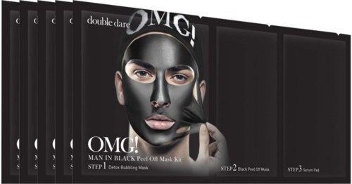 A woman wears a black peel-off face mask, holding a brush, with the words 'OMGI!' on the packaging.