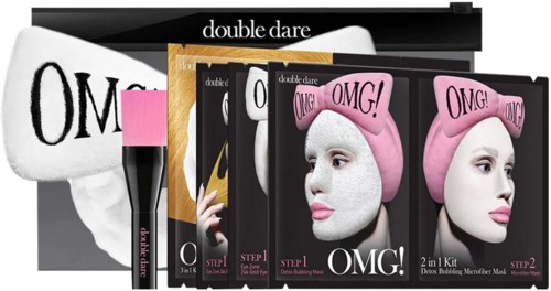 A set of beauty products including face masks and skincare items with pink and black packaging.