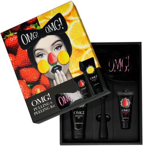 A skincare kit with peel-off gel, a device, and colorful makeup resembling fruits, in a decorative box.