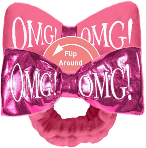 En rosa hovedbånd med en sløjfe og besked 'OMG!' på en pink baggrund, med instruktioner om at vende.