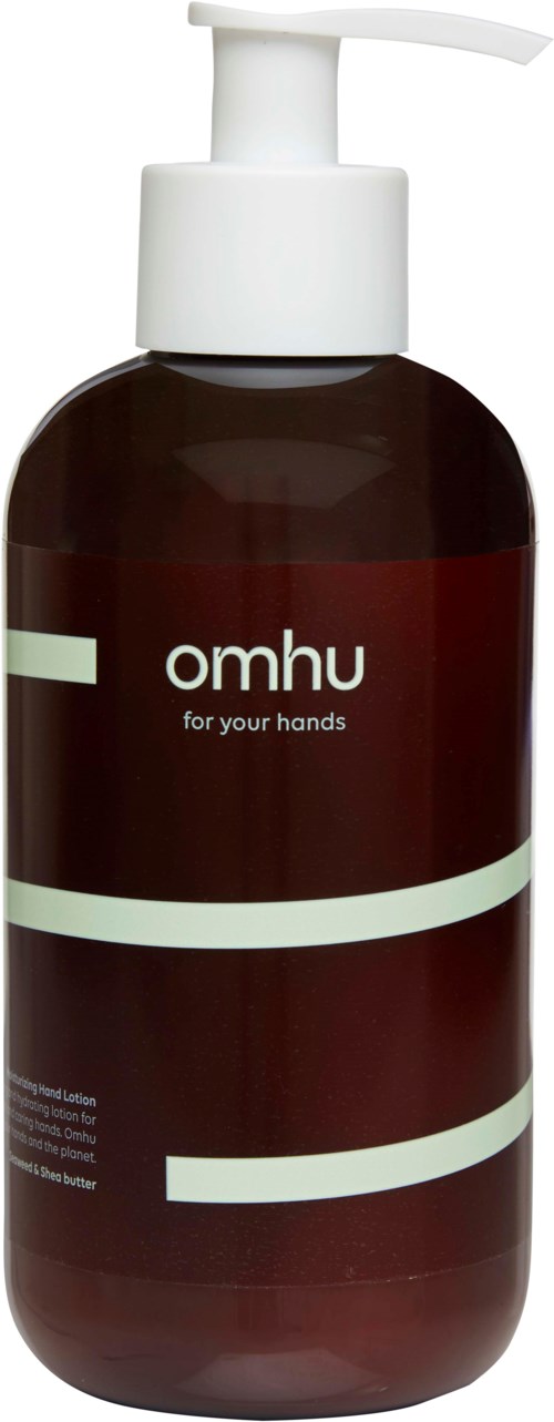 En brun flaska med en vit pumpetikett som säger "omhu för dina händer" i vitt text.