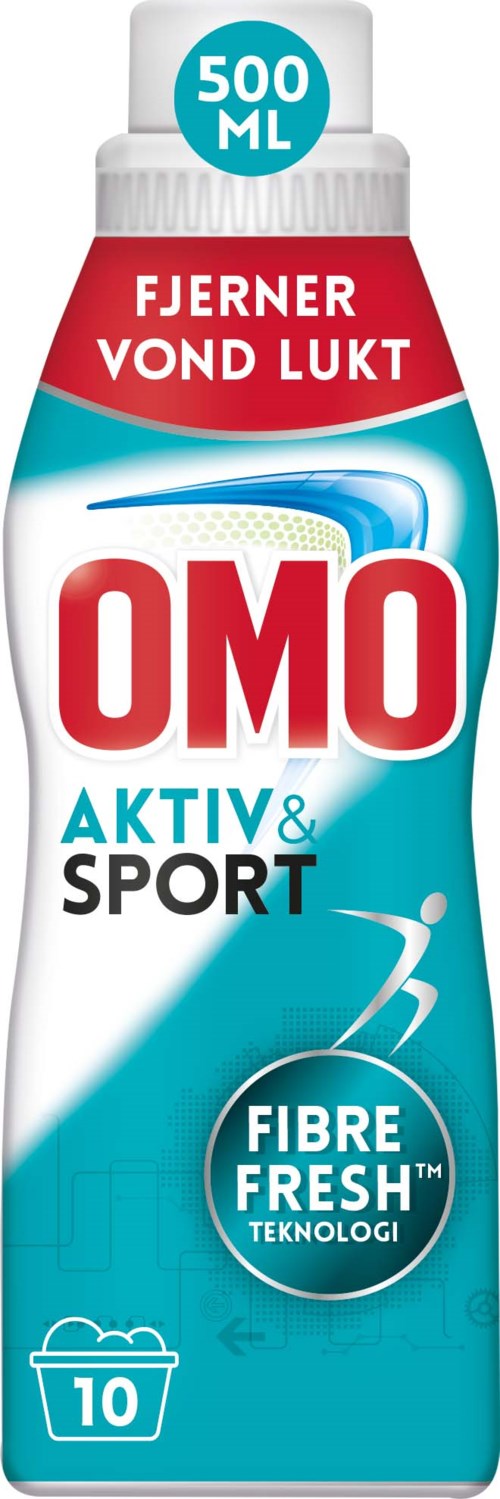 En stor flaske av OMO mykner for aktive og sportsklær, med frisk duft og fiberteknologi. Den rommer 500 ml.