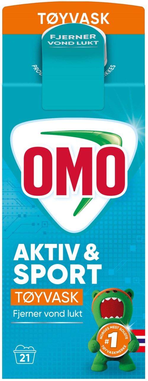 En blå og oransje klesvaskepose med OMO-logo, sier aktiv og sport, fjerner lukt, og har en grønn tegneserie-monster.
