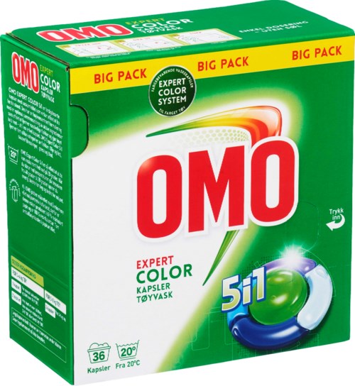 En grønn boks med rød og hvit tekst, viser OMO-merket, med en 5-i-1 etikett og 36 kapsler inni.