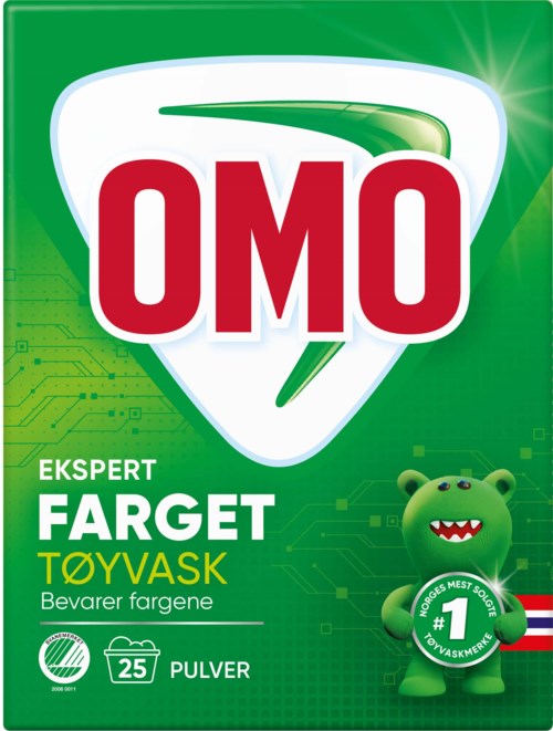 OMO-logo med en bjørne-maskot, grønn bakgrunn og tekst om vaskepulver og fargebeskyttelse.