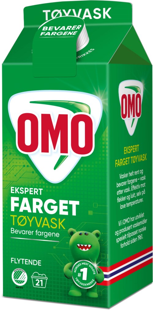 Grønt emballasje med OMO-logo, tegneserie-krokodille og tekst om rengjøring og fargebeskyttelse.
