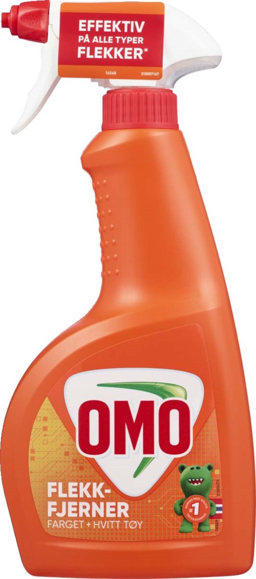 En sprayflaske med oransje og hvitt, merket OMO for flekkfjerner, med en liten grønn dinosaur i tegneserie stil.