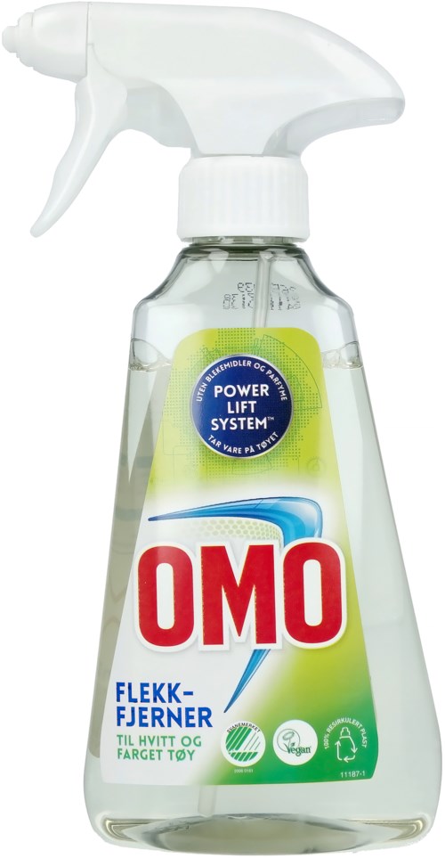 En klar sprayflaske merket OMO med grønt og blått design, brukt til klesvask.
