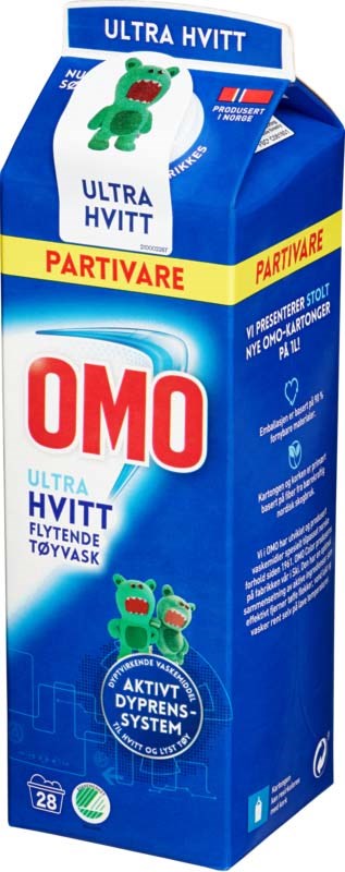 En blå kartong med en grønn tegneseriefrosk, nevner ultra hvit, og flytende vaskemiddel. Den fremhever frisk duft og aktivt system.