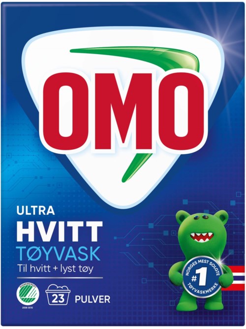 OMO Ultra hvit vaskepulver med en grønn monstermaskot og blå bakgrunn.