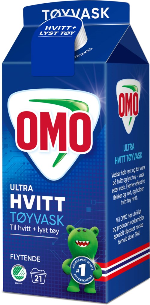 Blå kartong med vaskemiddel og en grønn dinosaurfigur med teksten OMO og Ultra Hvit. Inneholder 21 vask.