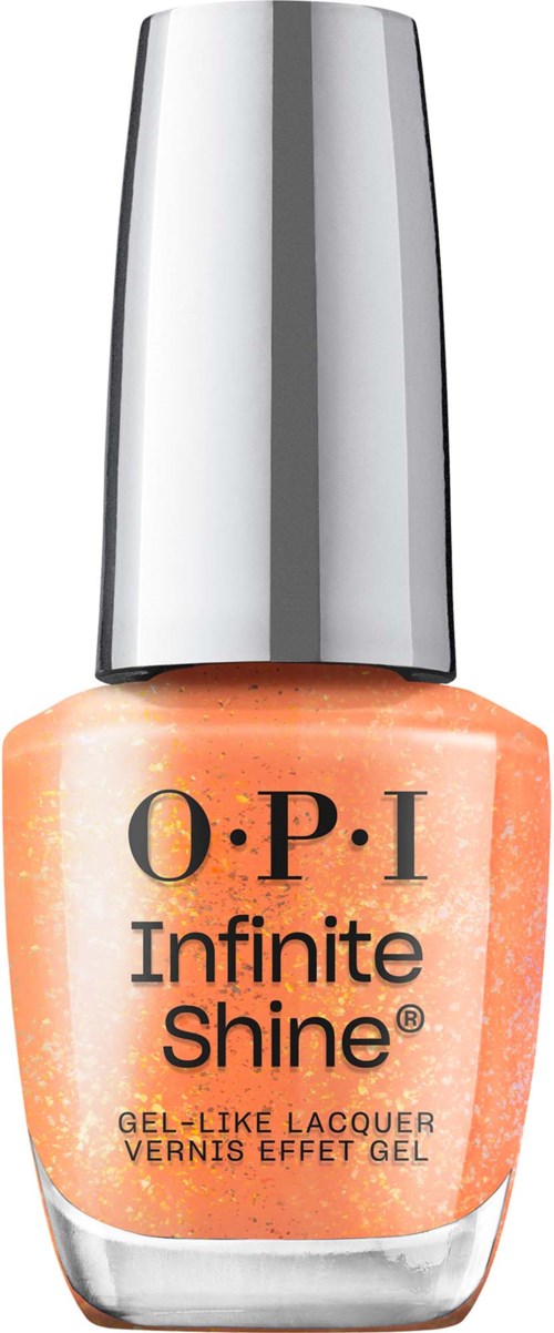 En liten flaska med O.P.I Infinite Shine nagellack i persikofärg och silverhatt.
