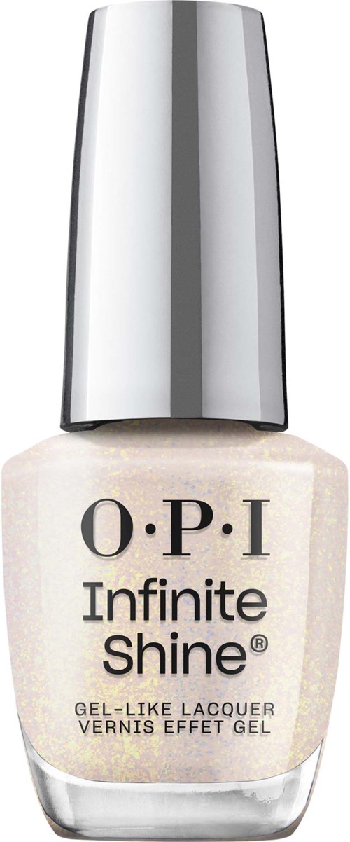 En flaska av O.P.I Infinite Shine nagellack med en glänsande, silverfärgad kork och pärlvitt nagellack inuti.