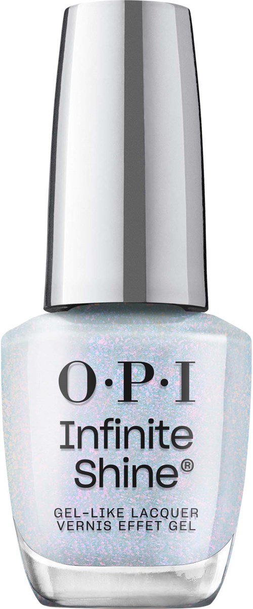 Een witte nagellakfles met glanzende zilveren dop, gemarkeerd "O.P.I Infinite Shine."