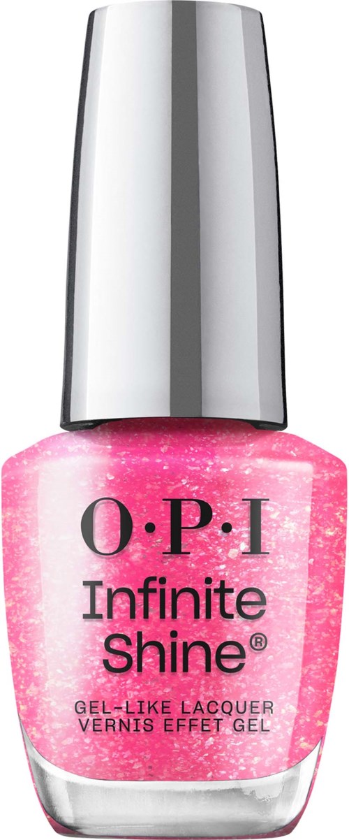Pink nagellackflaska med silverlock, märkt 'O.P.I Infinite Shine.'