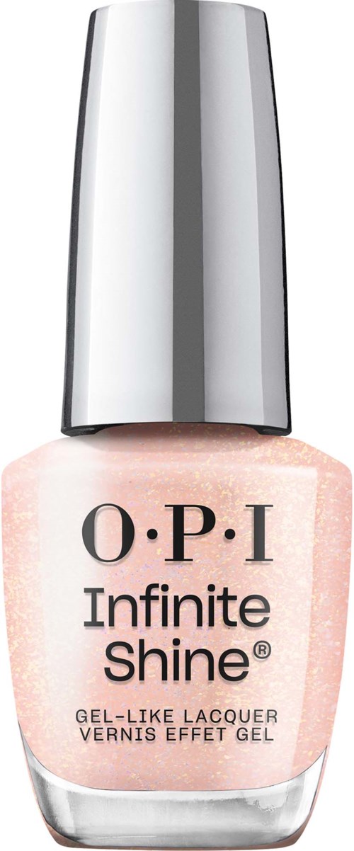 En flaska med OPI Infinite Shine nagellack, rosa färg, med en silverlock, etiketten visar märket och produktnamnet.