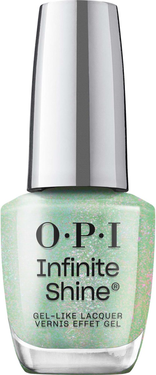 En flaska O.P.I Infinite Shine nagellack i ljusgrön med ett silverlock.