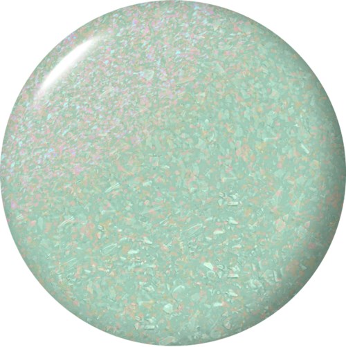 En rund, glänsande, ljusfärgad kula med en lätt strukturerad, iridescent yta.