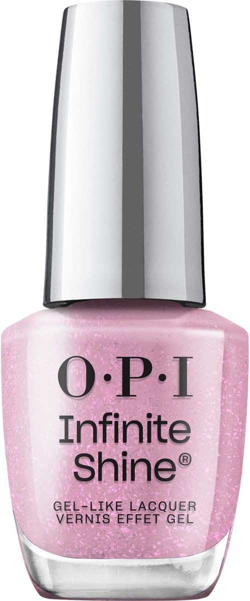Rosa nagellackflaska med silverlock och svart text som säger "O.P.I Infinite Shine."