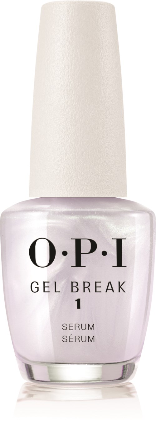 Przezroczysta butelka z białym nakrętkiem, etykieta O.P.I Gel Break 1 serum do paznokci.