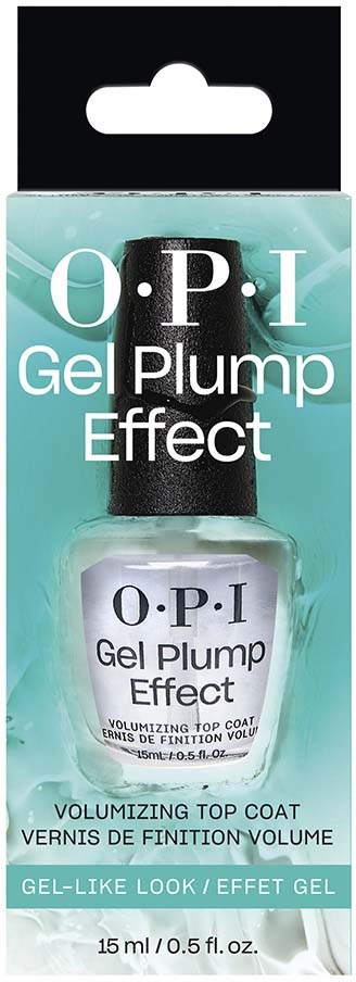O.P.I Gel Top Coat Flasche mit türkisfarbenem Hintergrund, hebt den 'Gel Plump Effect' für glänzende, voluminöse Nägel hervor.