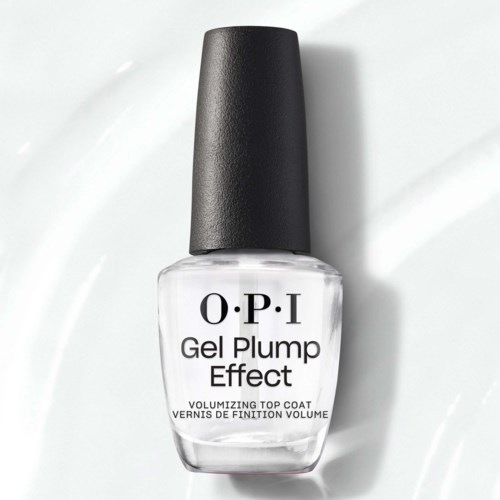 Transparenter Nagellackflasche mit schwarzem Deckel, etiketti "O.P.I Gel Plump Effect" für Volumen. Schlichter weißer Hintergrund.