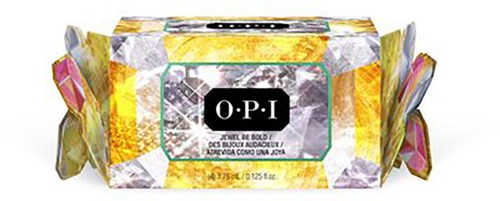 A package with a shiny, colorful design and the label O.P.I. on it, possibly nail polish or makeup product.