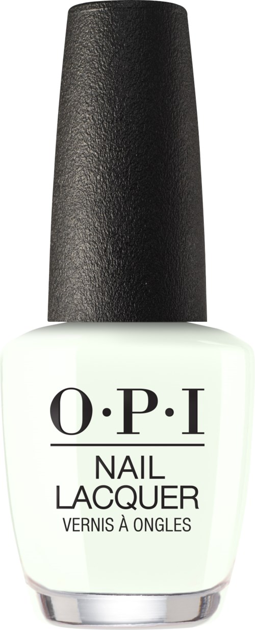 Vit nagellackflaska med svart kork, märkt O.P.I Nail Lacquer.