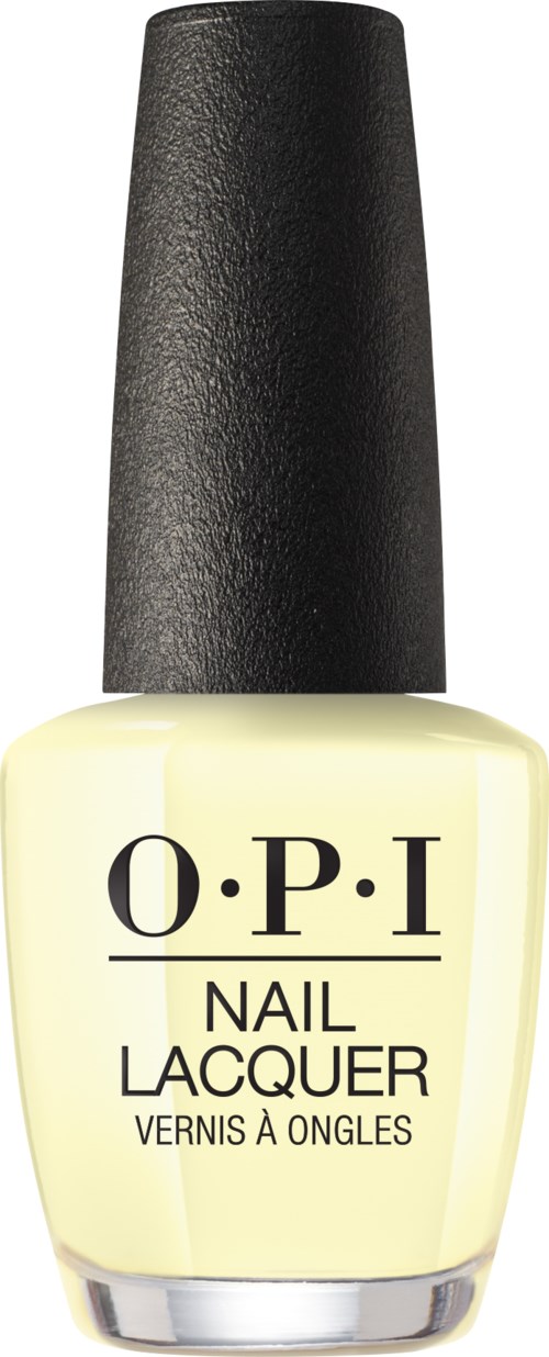 En flaska ljusgul nagellack med svart lock, märkt O.P.I Nail Lacquer.