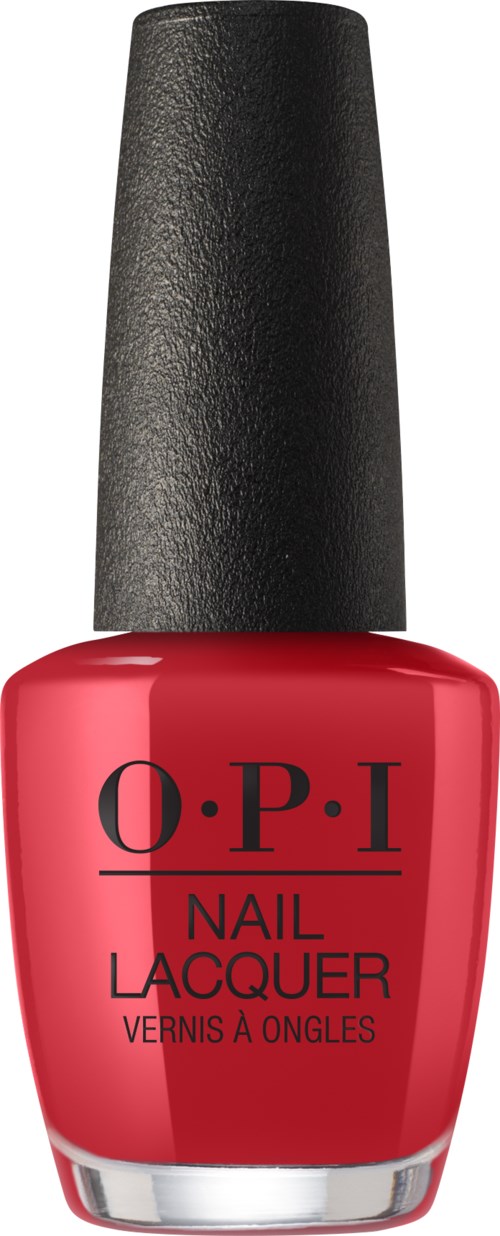 Röd nagellacksflaska med svart lock, märkt O.P.I Nail Lacquer.