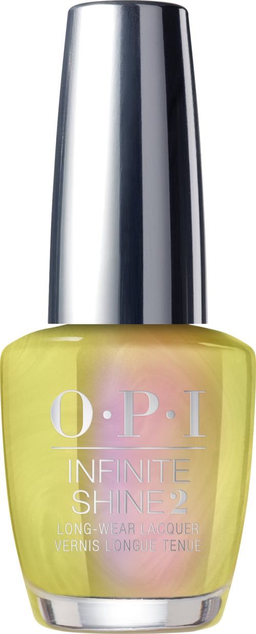 A yellow nail polish bottle with a silver cap, labeled "O.P.I Infinite Shine 2."