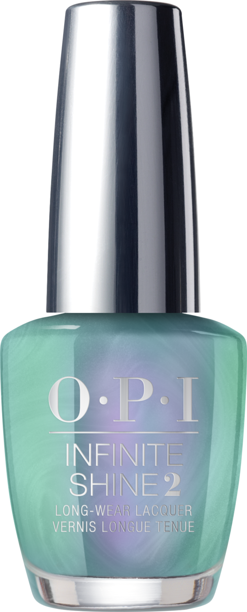 A bottle of greenish nail polish with a silver cap from the O.P.L. Infinite Shine 2 line.