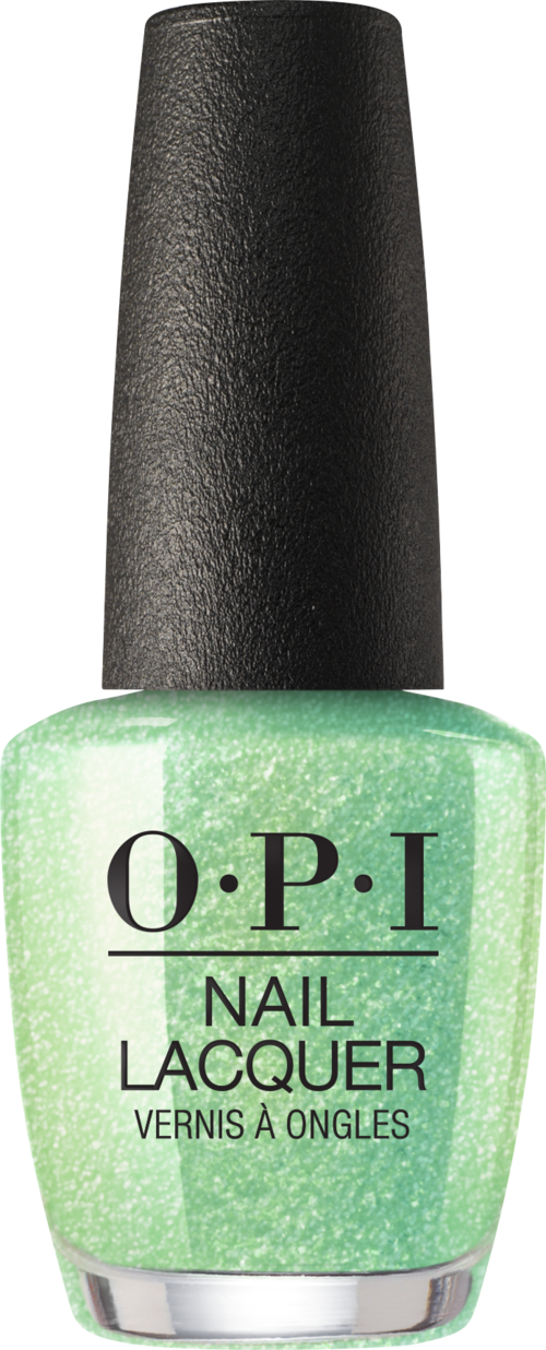 En grön nagellackflaska med svart lock, märkt OPI Nail Lacquer.