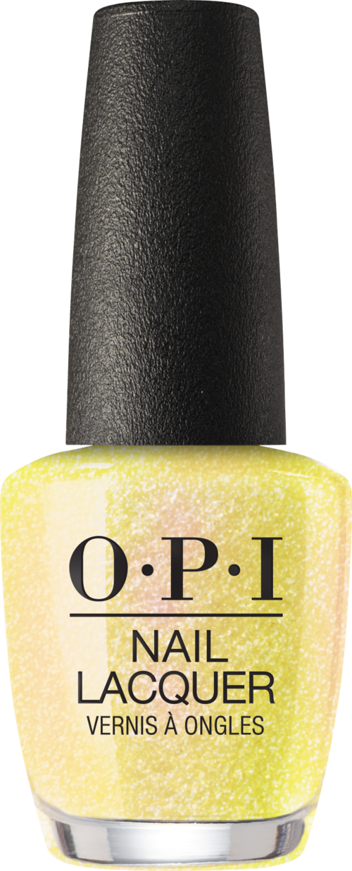 Gul flaska med nagellack och svart lock, märkt O.P.I Nail Lacquer.