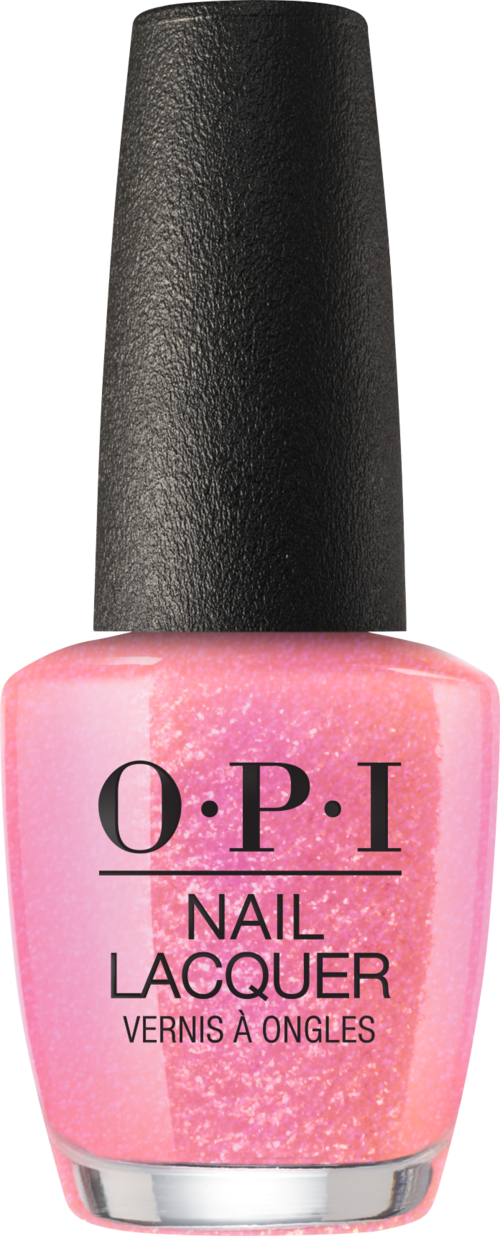 Rosa nagellackflaska med svart lock, märkt O.P.I Nail Lacquer.