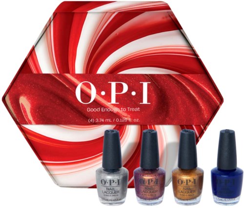 Vier nagellakflesjes en een zeshoekige doos met rood, wit en marmerpatroon van O.P.I.