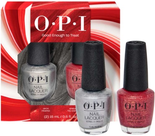 Nagellakset met rode, zilveren en roze kleuren in kleine flessen met zwarte doppen.