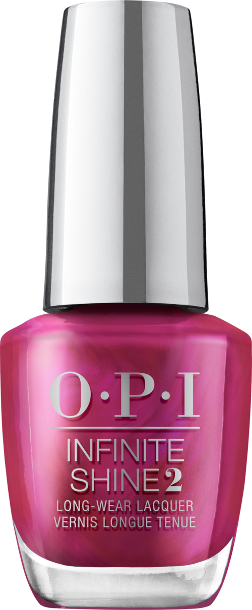 En rosa flaska med O.P.I Infinite Shine 2 nagellack med en silverkork.