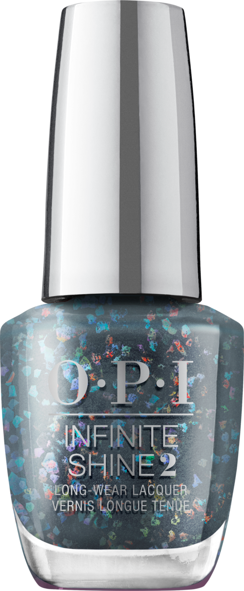 En flaska av O.P.I. Infinite Shine 2 långvarigt nagellack med blå och rosa glitter.