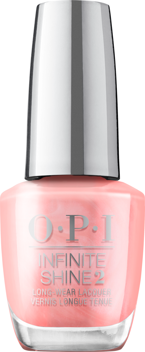 En rosa nagellackflaska med silvrigt lock och O.P.I-logga, märkt 'Infinite Shine 2'.
