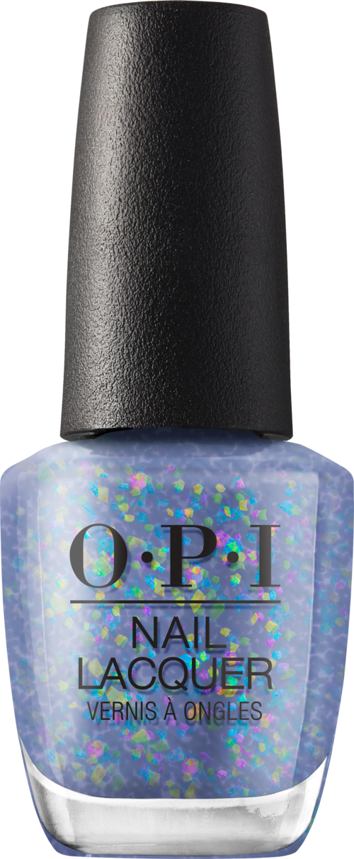 Lilla neglelakflaske med glitter og sort låg, mærket O.P.I. Nail Lacquer.