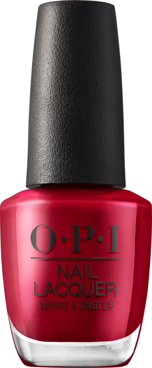 Röd nagellackflaska med svart lock, märkt O.P.I. Nail Lacquer.