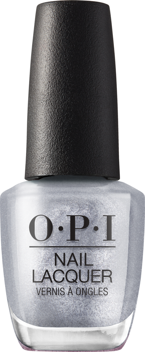 Silver nagellackflaska med svart lock, märkt O.P.I Nail Lacquer. Enkel design.